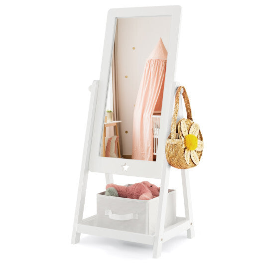 Kids Full Length Wooden Standing Mirror with Bottom Shelf and Foldable Storage Bin-White - Color: White - Minihomy