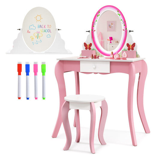 Kids Vanity Table and Stool Set with 360? Rotating Mirror and Whiteboard-Pink - Color: Pink - Minihomy