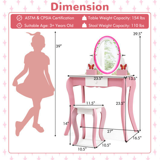 Kids Vanity Table and Stool Set with 360? Rotating Mirror and Whiteboard-Pink - Color: Pink - Minihomy