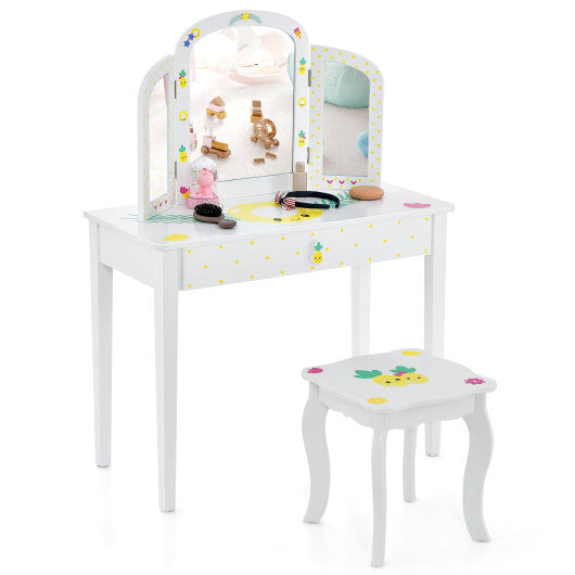 Kids Vanity Table Set with Tri-Folding Mirror and Large Drawer-White - Color: White - Minihomy