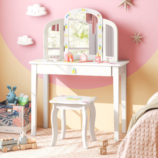 Kids Vanity Table Set with Tri-Folding Mirror and Large Drawer-White - Color: White - Minihomy