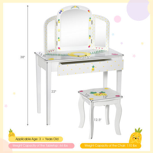 Kids Vanity Table Set with Tri-Folding Mirror and Large Drawer-White - Color: White - Minihomy