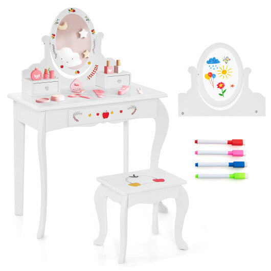 Kids Vanity and Stool Set with 360? Rotatable Mirror and Whiteboard-White - Color: White - Minihomy