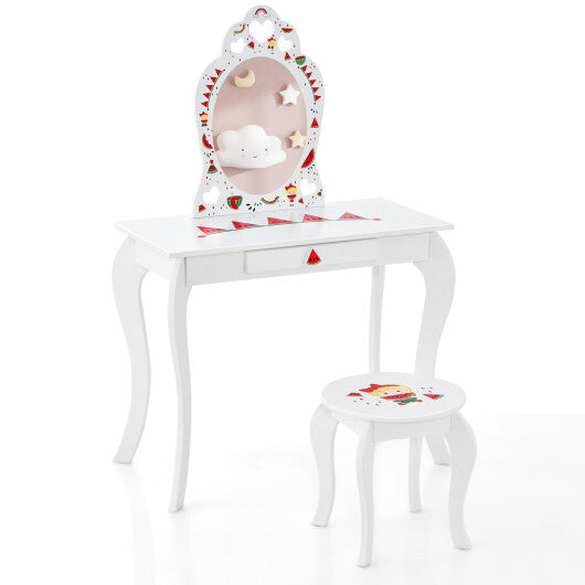 2 in 1 Children Pretend Makeup Vanity Set with Removable Mirror and Storage Drawer-White - Color: White - Minihomy