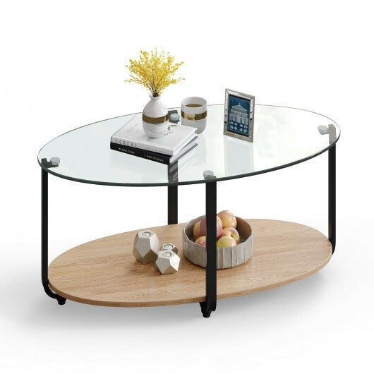 2-Tier Glass-Top Oval Coffee Table with Wooden Shelf for Living Room - Minihomy