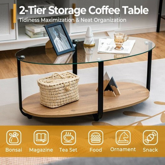 2-Tier Glass-Top Oval Coffee Table with Wooden Shelf for Living Room - Minihomy