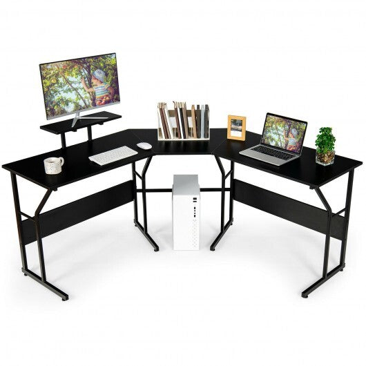 88.5 Inch L Shaped Reversible Computer Desk Table with Monitor Stand-Black - Color: Black - Minihomy