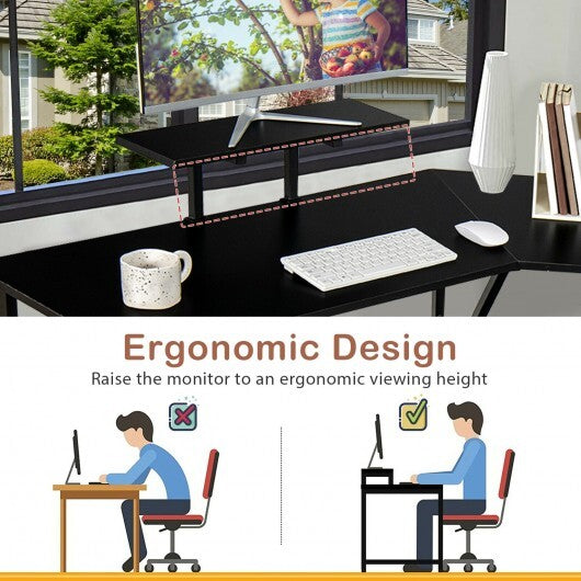 88.5 Inch L Shaped Reversible Computer Desk Table with Monitor Stand-Black - Color: Black - Minihomy