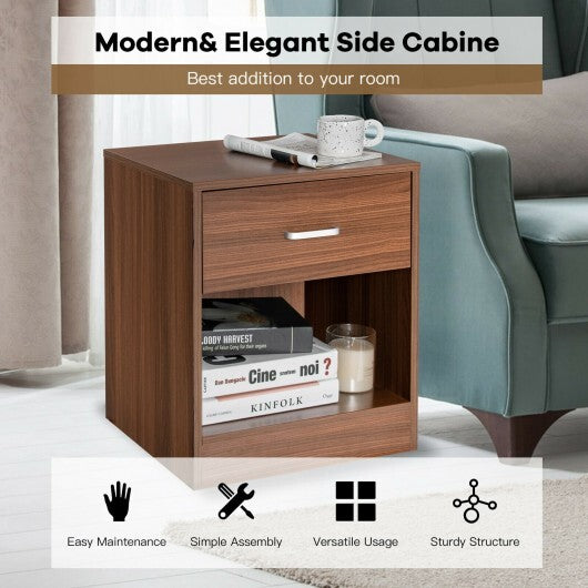 2 Pieces Nightstand with Storage Drawer and Cabinet-Brown - Minihomy