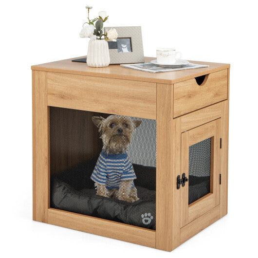 Furniture Style Dog Kennel with Drawer and Removable Dog Bed-Natrual - Color: Natural - Minihomy