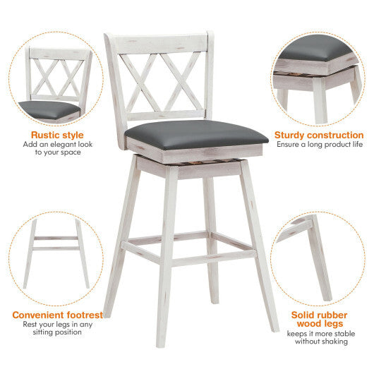 2 Pieces 29 Inches Swivel Counter Height Barstool Set with Rubber Wood Legs-White - Minihomy