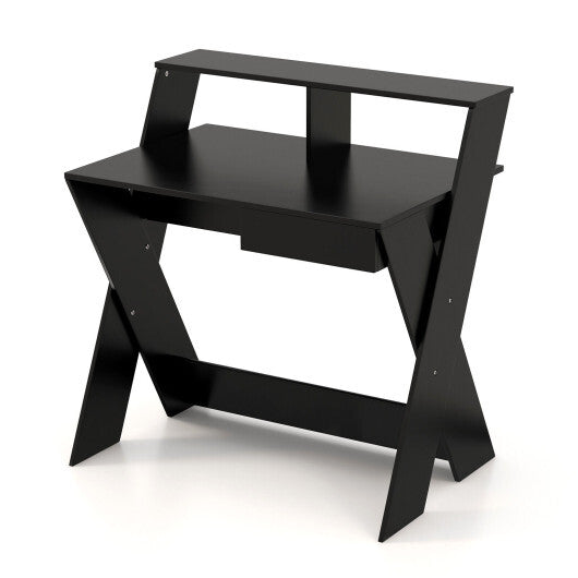 Small Computer Desk with Storage Drawer-Black - Color: Black