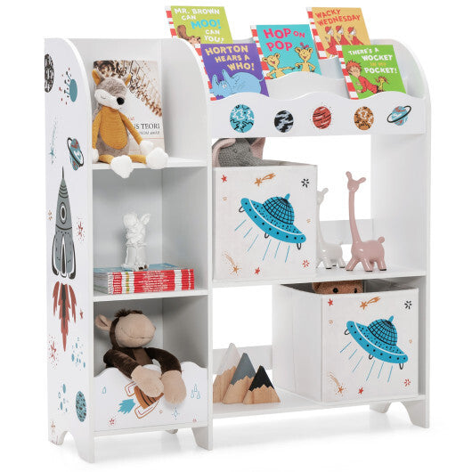 Kids Toy and Book Organizer Children Wooden Storage Cabinet with Storage Bins - Color: White - Minihomy