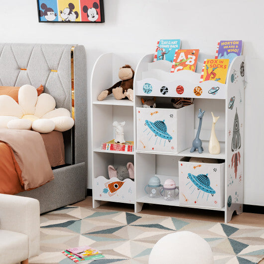 Kids Toy and Book Organizer Children Wooden Storage Cabinet with Storage Bins - Color: White - Minihomy