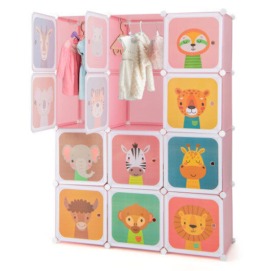 12 Cube Kids Wardrobe Closet with Hanging Section and Doors-Pink - Color: Pink - Minihomy