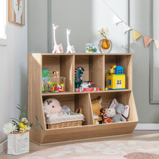 5-Cube Wooden Kids Toy Storage Organizer with Anti-Tipping Kits-Natural - Color: Natural - Minihomy