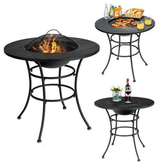 31.5 Inch Patio Fire Pit Dining Table With Cooking BBQ Grate - Color: Black - Minihomy