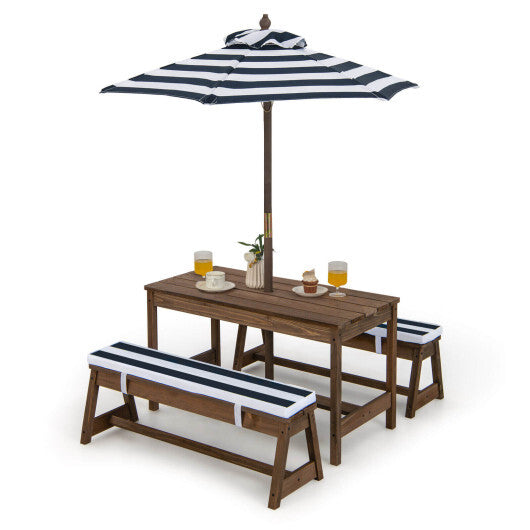 Kids Picnic Table and Bench Set with Cushions and Height Adjustable Umbrella-Blue - Color: Blue - Minihomy