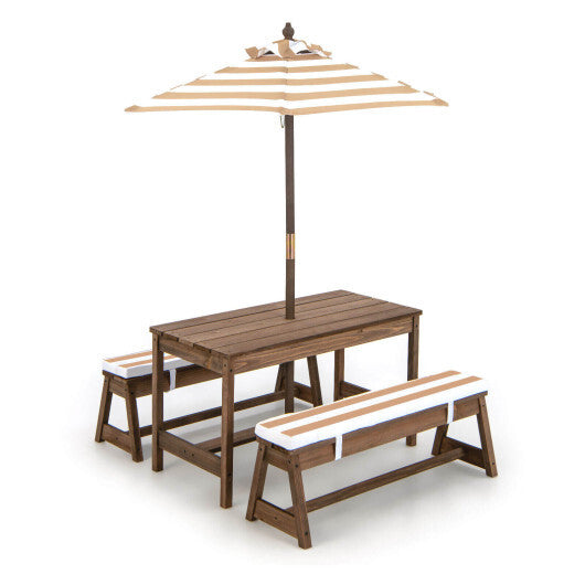 Kids Picnic Table and Bench Set with Cushions and Height Adjustable Umbrella-Brown - Color: Brown - Minihomy