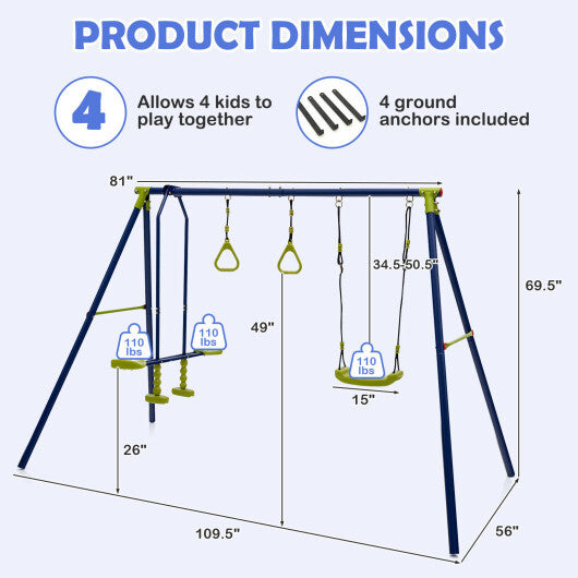 3-in-1 Outdoor Swing Set for Kids Aged 3 to 10 - Color: Blue - Minihomy