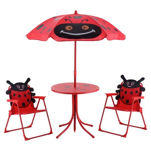 Kids Patio Folding Table and Chairs Set Beetle with Umbrella - Minihomy