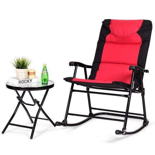 3 Pcs Outdoor Folding Rocking Chair Table Set with Cushion-Black&Red - Color: Red - Minihomy