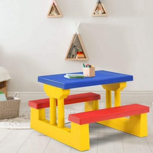 Kids Picnic Folding Table and Bench with Umbrella-Yellow - Color: Yellow - Minihomy