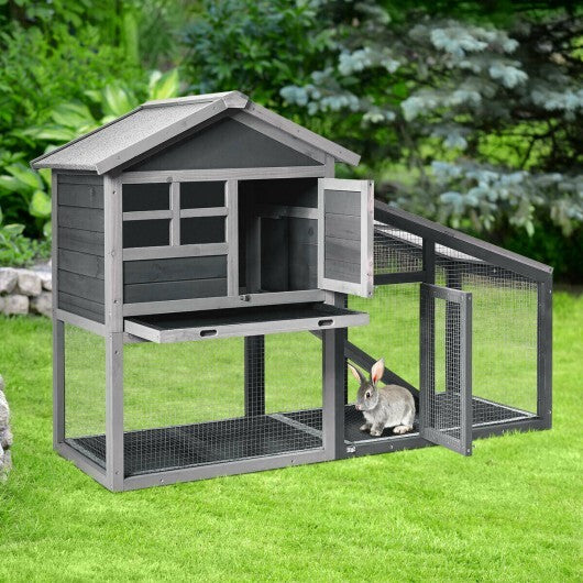 56.5 Inch Length Wooden Rabbit Hutch with Pull out Tray and Ramp - Color: Gray - Minihomy