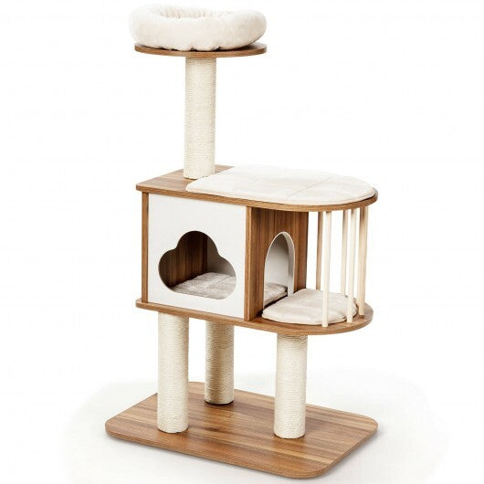 46 Inch Wooden Cat Activity Tree with Platform and Cushionsfor for Cats and Kittens - Minihomy