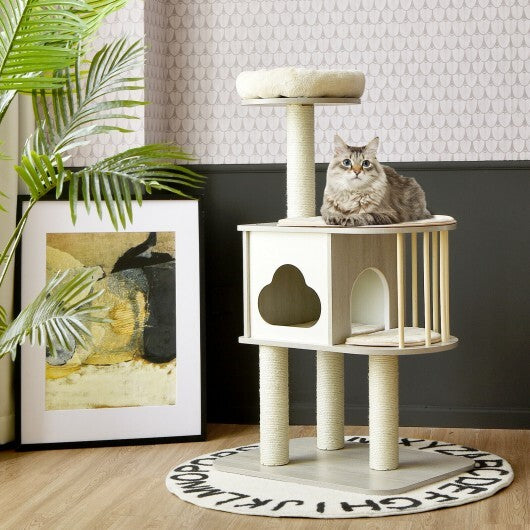 46 Inch Wooden Cat Activity Tree with Platform and Cushionsfor for Cats and Kittens - Minihomy