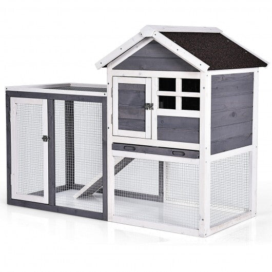 Outdoor Wooden Rabbit hutch-Gray - Minihomy