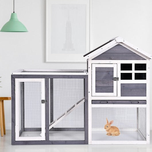 Outdoor Wooden Rabbit hutch-Gray - Minihomy