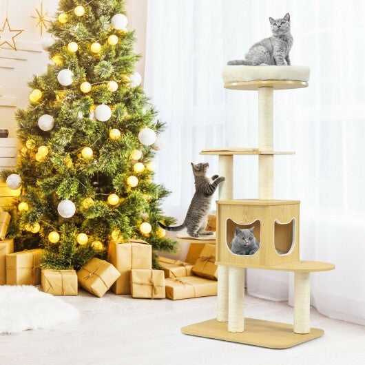 4 Levels Modern Wood Cat Tower with Washable Mats-Walnut - Minihomy