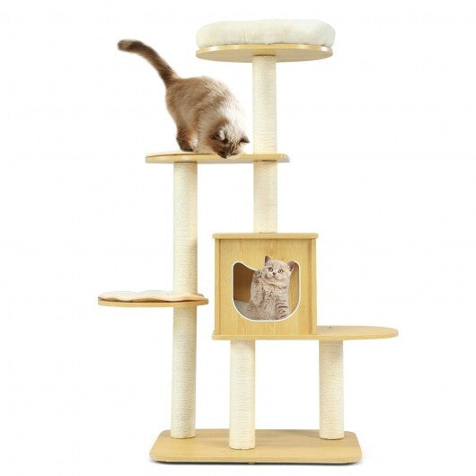 4 Levels Modern Wood Cat Tower with Washable Mats-Walnut - Minihomy