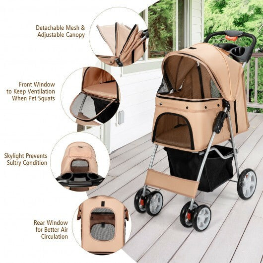 Folding Pet Stroller with Storage Basket and Adjustable Canopy-Black - Minihomy