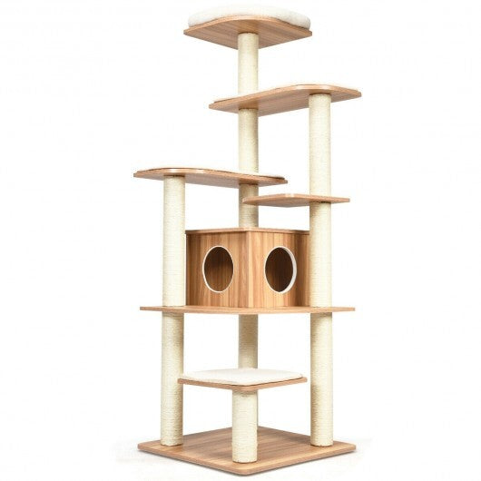 7-Layer Wooden Cat Tree Tall Cat Tower with Sisal Posts and Condo-Natural - Color: Natural - Minihomy