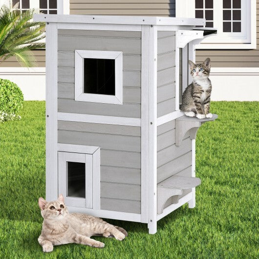 2-Story Wooden Cat House with Escape Door Rainproof - Color: Gray & White - Minihomy