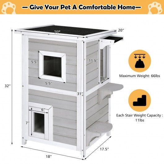 2-Story Wooden Cat House with Escape Door Rainproof - Color: Gray & White - Minihomy