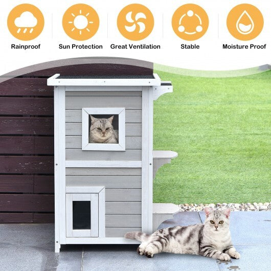 2-Story Wooden Cat House with Escape Door Rainproof - Minihomy