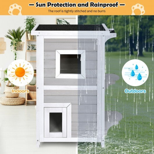 2-Story Wooden Cat House with Escape Door Rainproof - Minihomy