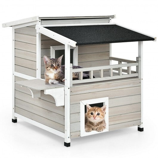 2-Story Wooden Patio Luxurious Cat Shelter House Condo with Large Balcony - Color: Gray - Minihomy