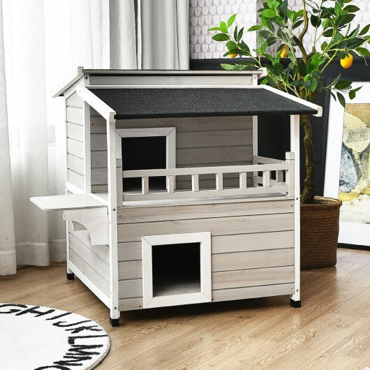 2-Story Wooden Patio Luxurious Cat Shelter House Condo with Large Balcony - Color: Gray - Minihomy