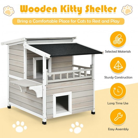 2-Story Wooden Patio Luxurious Cat Shelter House Condo with Large Balcony - Color: Gray - Minihomy