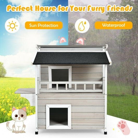 2-Story Wooden Patio Luxurious Cat Shelter House Condo with Large Balcony - Color: Gray - Minihomy