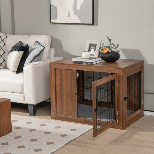 Furniture Dog Crate with Cushion and Double Doors-Walnut - Color: Walnut - Minihomy