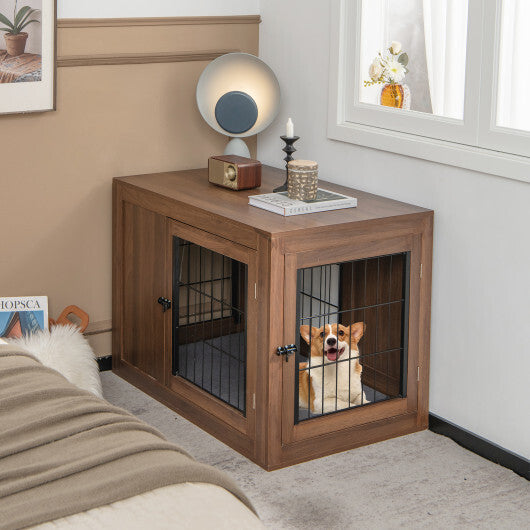 Furniture Dog Crate with Cushion and Double Doors-Walnut - Color: Walnut - Minihomy