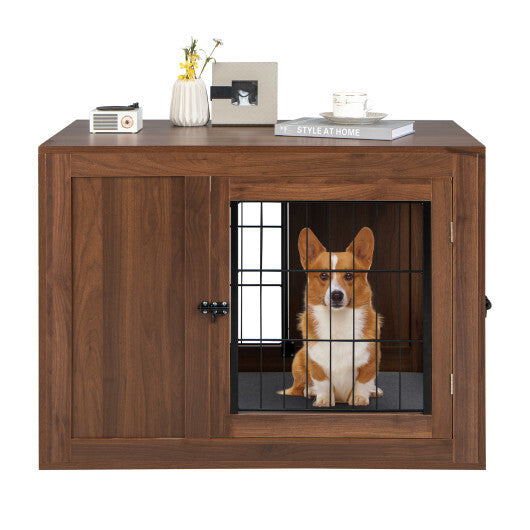 Furniture Dog Crate with Cushion and Double Doors-Walnut - Color: Walnut - Minihomy