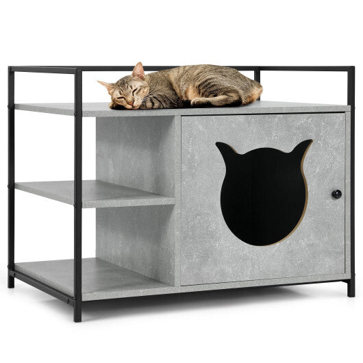 Enclosure Hidden Litter Furniture Cabinet with 2-Tier Storage Shelf-Gray - Color: Gray - Minihomy