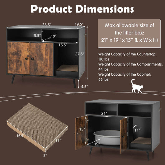 Cat Litter Box Enclosure with Storage Compartments and Pet Scratcher - Color: Rustic Brown - Minihomy