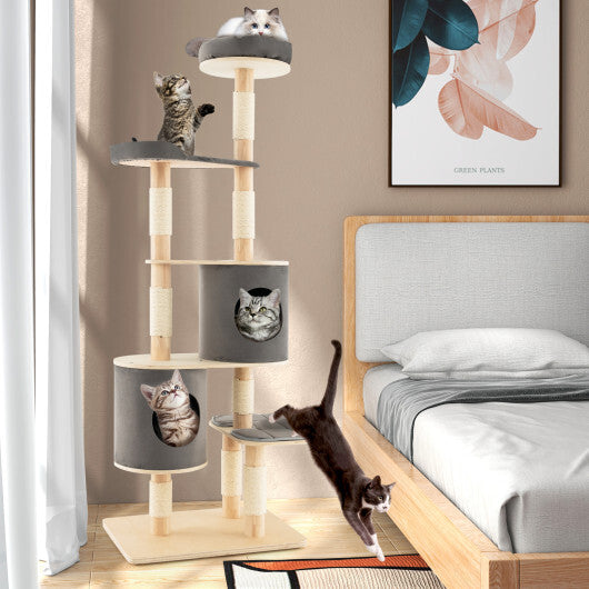 6-Tier Wooden Cat Tree with 2 Removeable Condos Platforms and Perch-Gray - Color: Gray - Minihomy